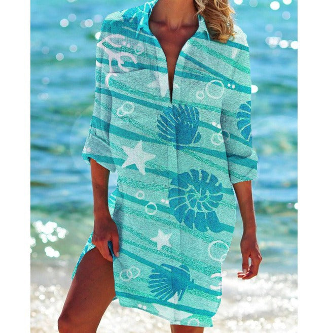 Women's Summer Printed Bikini Shirt Swimsuit Vacation Blouse