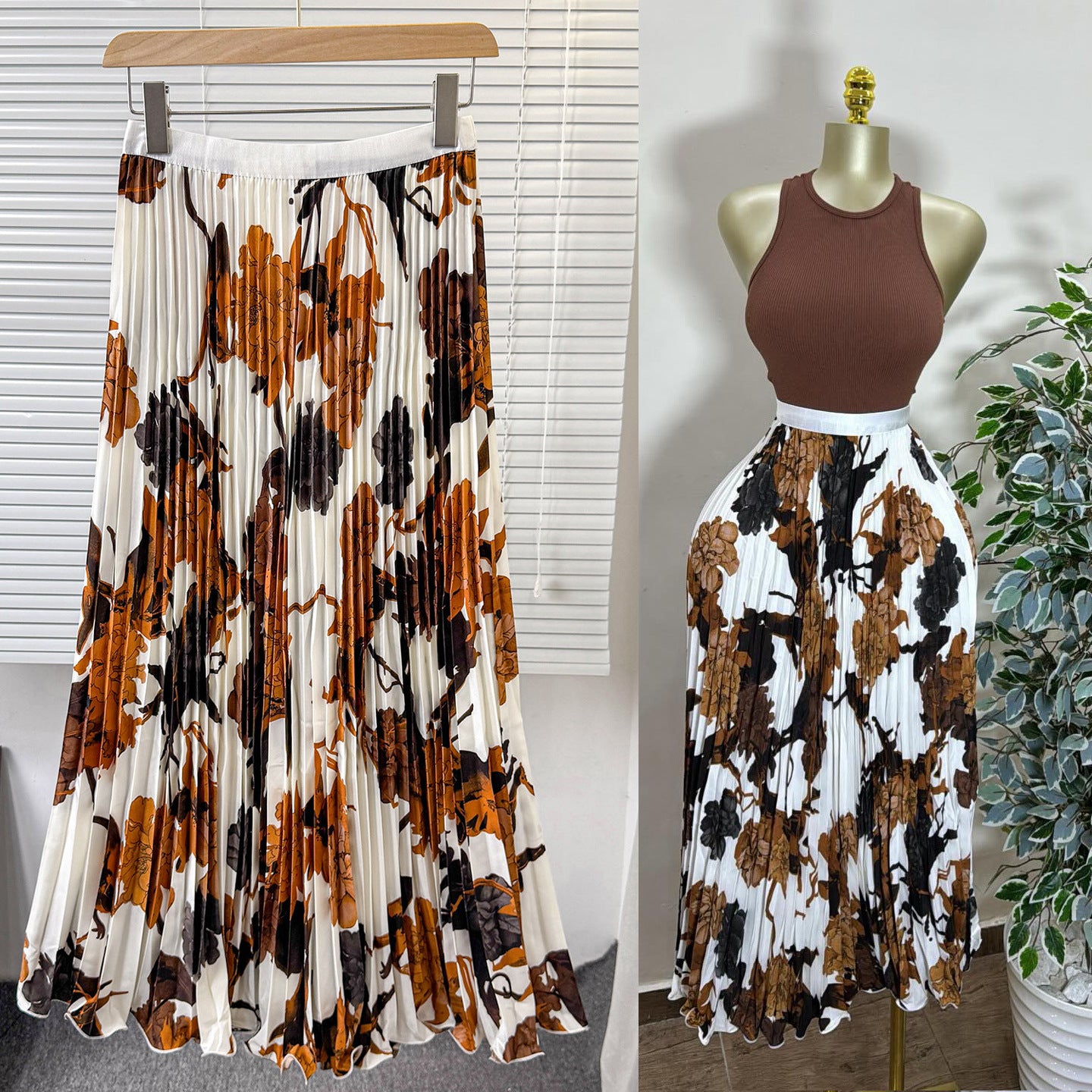Women's Retro Printed High Waist A- Line Mid-length Pleated Large Hem Skirt