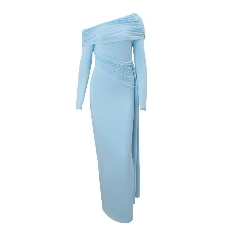 Women's Temperament Pure Color Diagonal Collar Sheath Slimming Dress