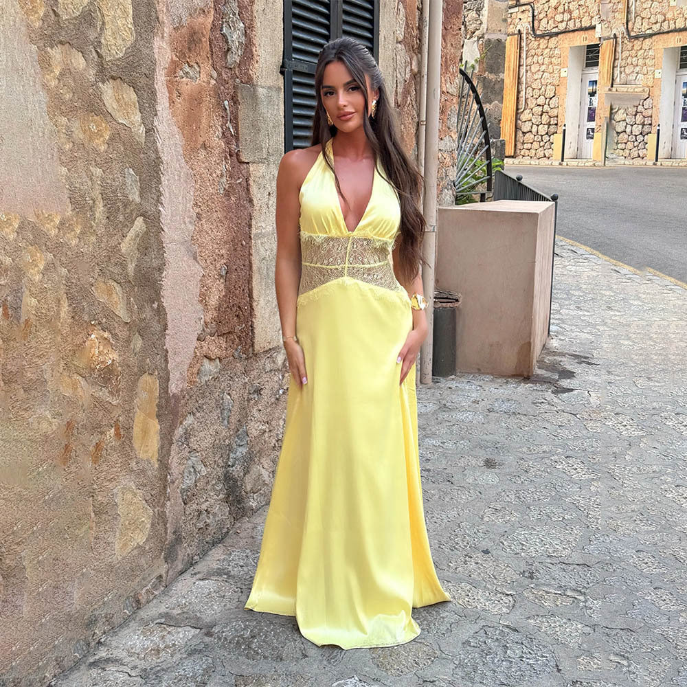 Summer Elegant Deep V Silky Satin Stitching Halter Dress