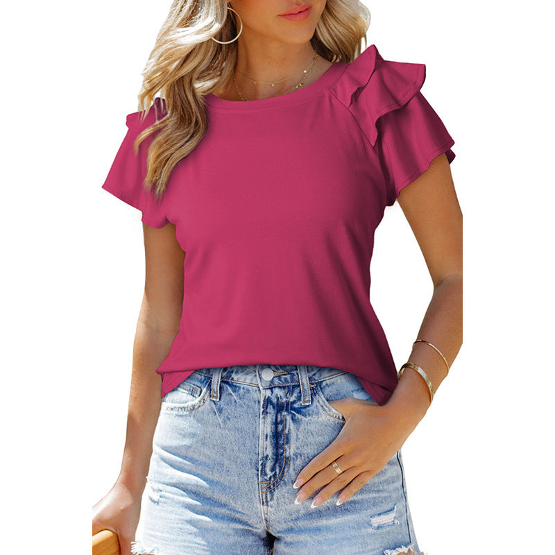 Women's Casual Style Solid Color Layered Frill Short-sleeved Women's T-shirt