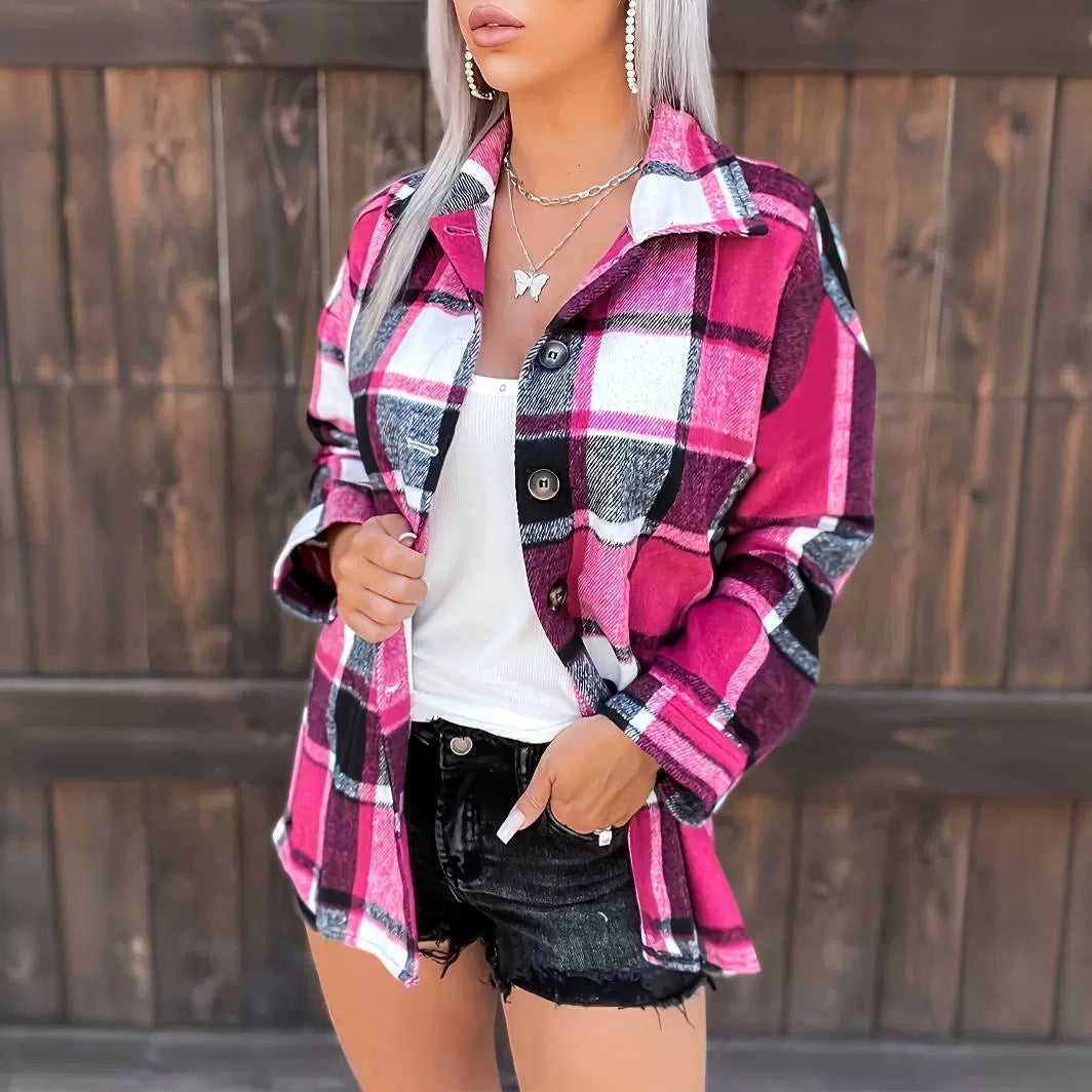 Attractive Glamorous Women's Plaid Long-sleeved Lapel Blouse