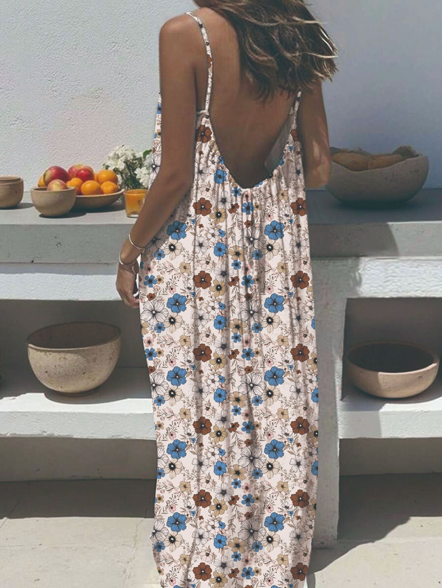 Women's Sling Backless Loose Print Long Dress