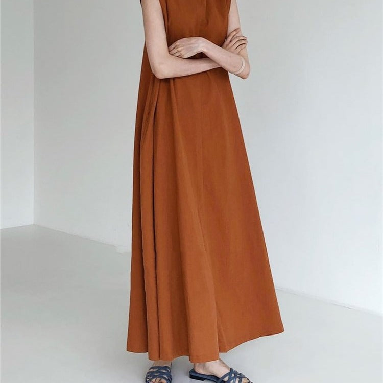 Style Loose Sleeveless Pumpkin Long Cotton Dress