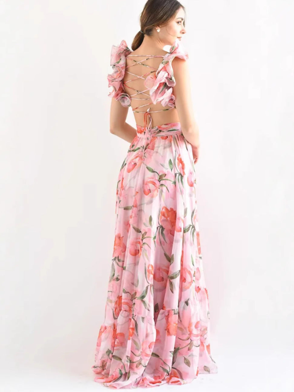 Women's Deep V Chiffon Long Printed Sleeveless Elegant Dress