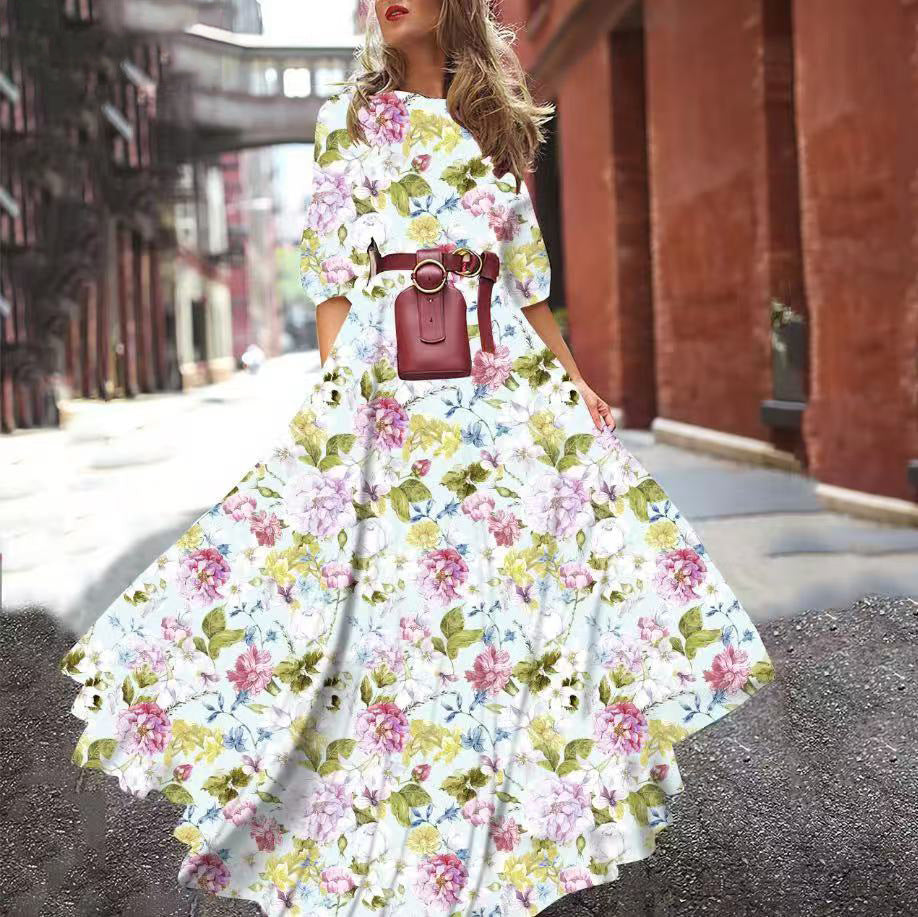 Printed Large Swing Elegant Chiffon Floral Dress