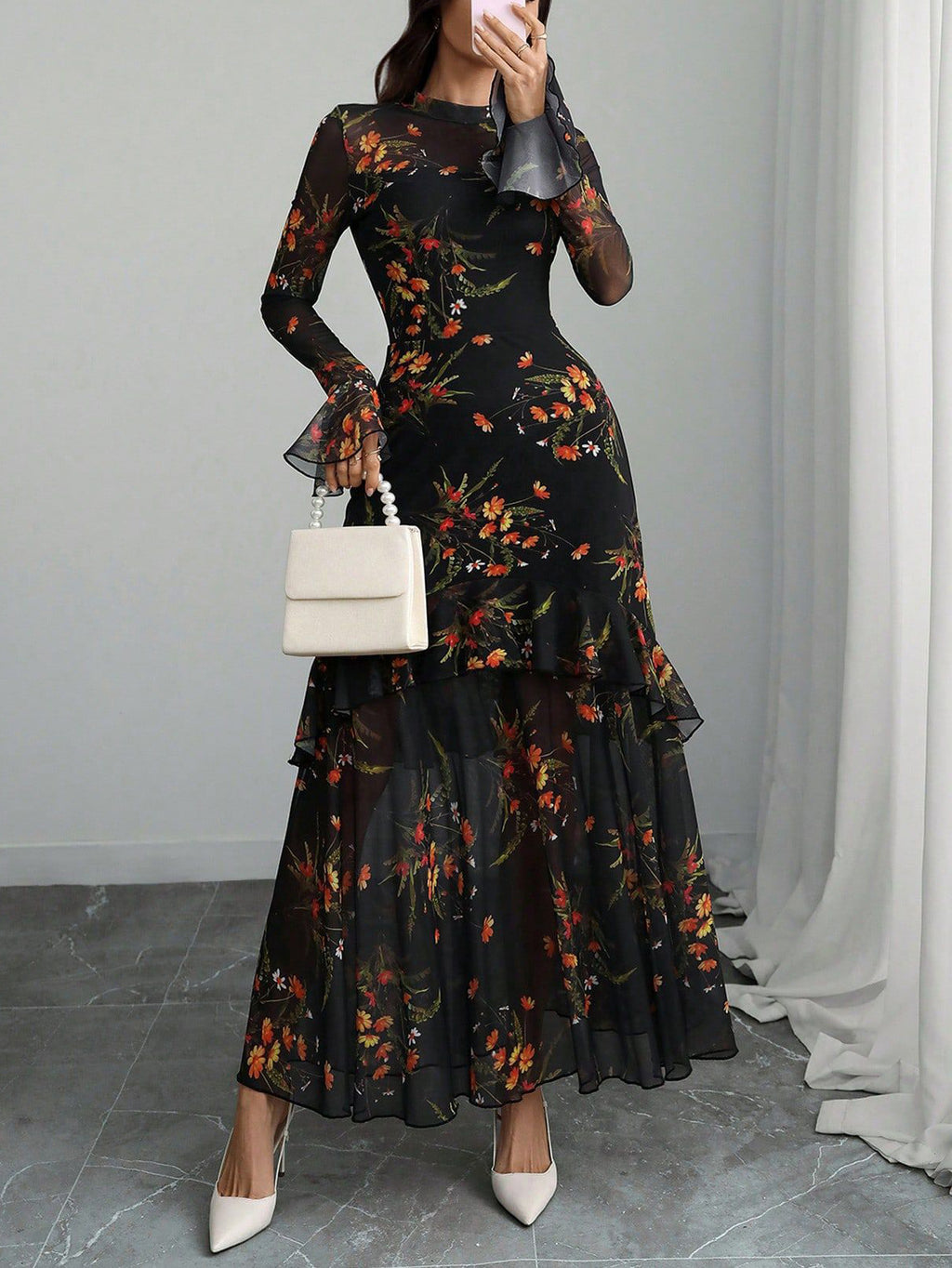 Women's Voile Floral Elegant Graceful Ruffles Long Sleeve French Dress