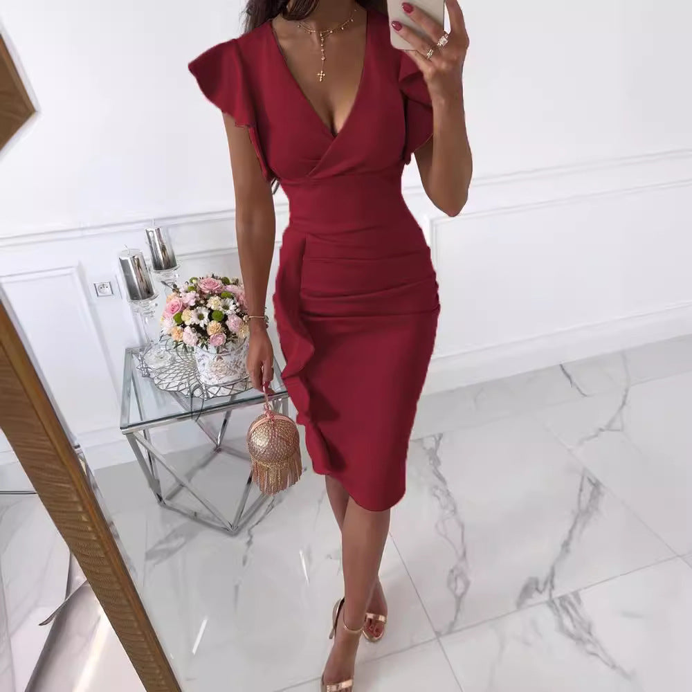V Sexy High Waist Sheath Pleated Dress