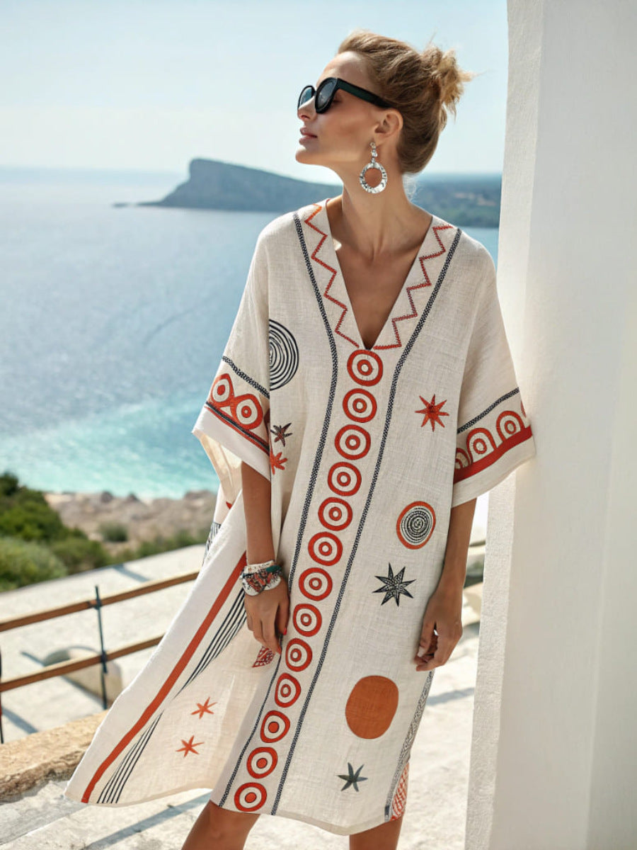 Women's Seaside Holiday Beach Printed Loose-fitting Mid-length Dress