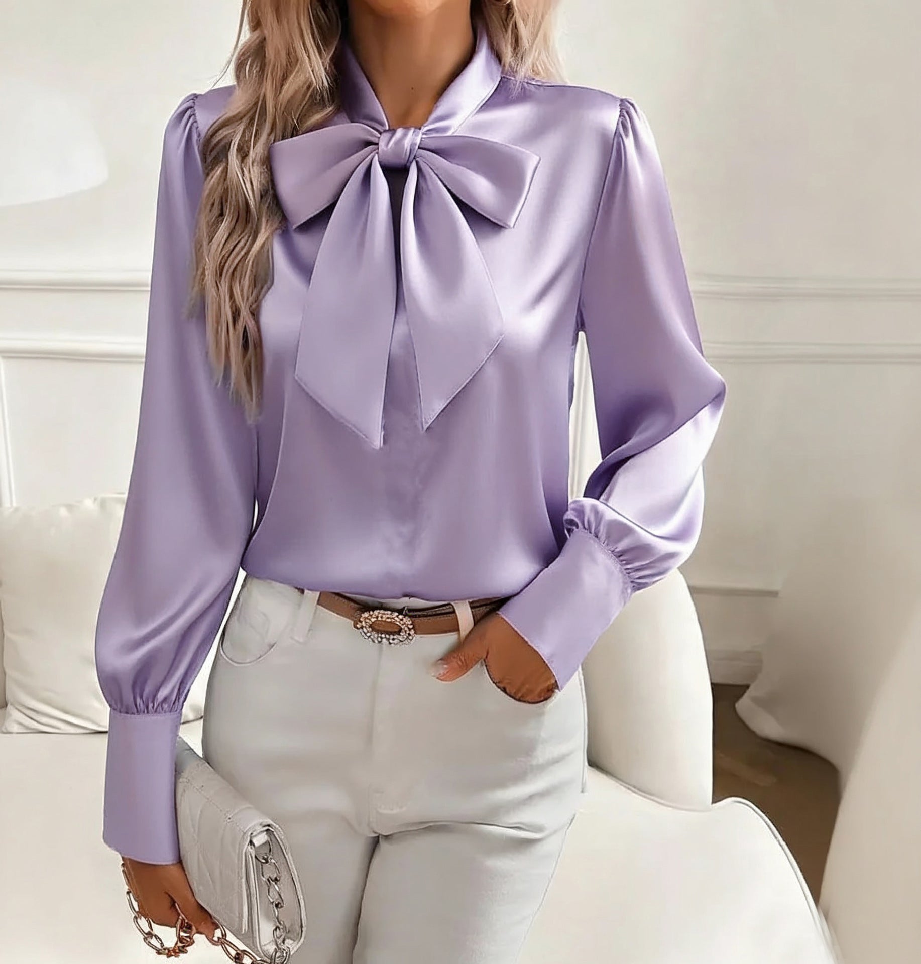 Women's Autumn Long Sleeve Bowknot Satin Shirt Tops