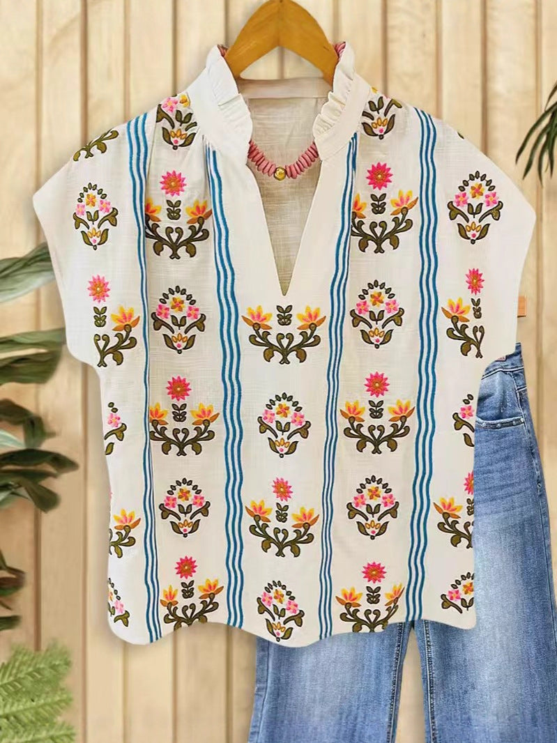 Women's Summer French Pastoral Style Floral Print Simple Fashionable Batwing Blouse