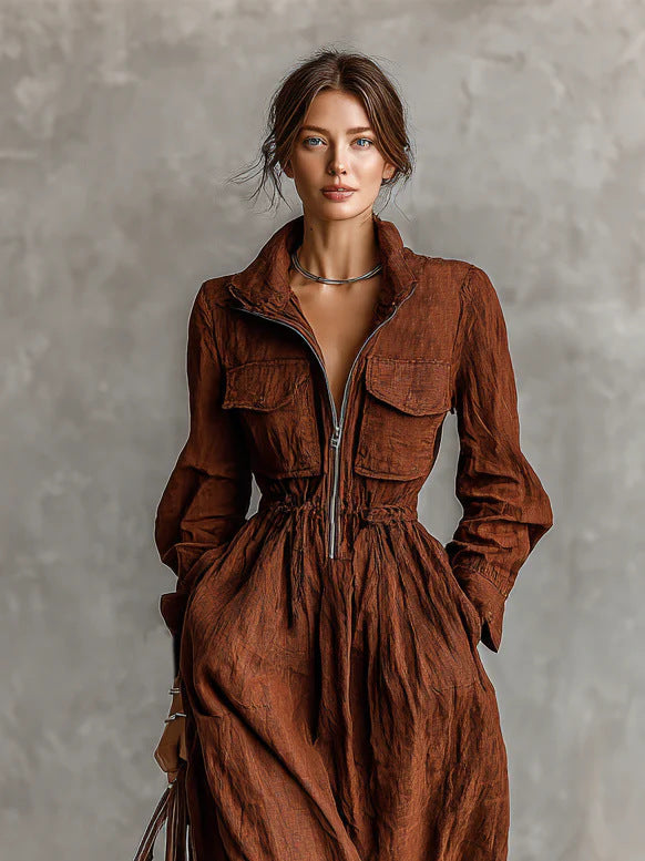 Women's Style Zipper Lapel Elastic Waist Long Vacation Dress