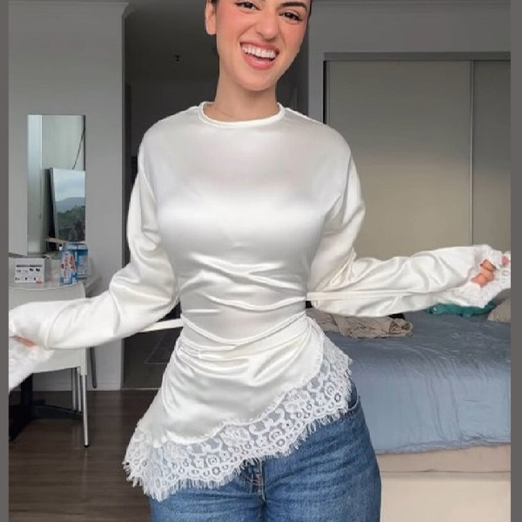 Women's Satin Lace Patchwork Round Neck Long Sleeves Tops