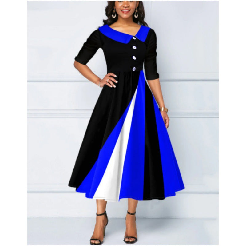 Women's Fastener Decoration Printed Large Swing Sleeve Dress