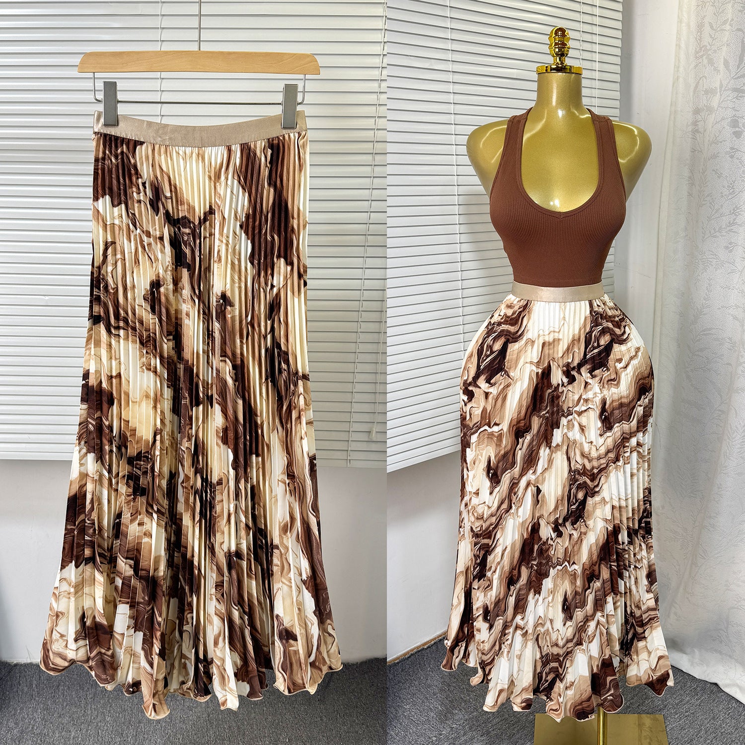 Women's Retro Printed High Waist A- Line Mid-length Pleated Large Hem Skirt