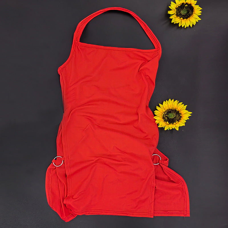 Summer Solid Color Backless Halter Sexy Hot Dress