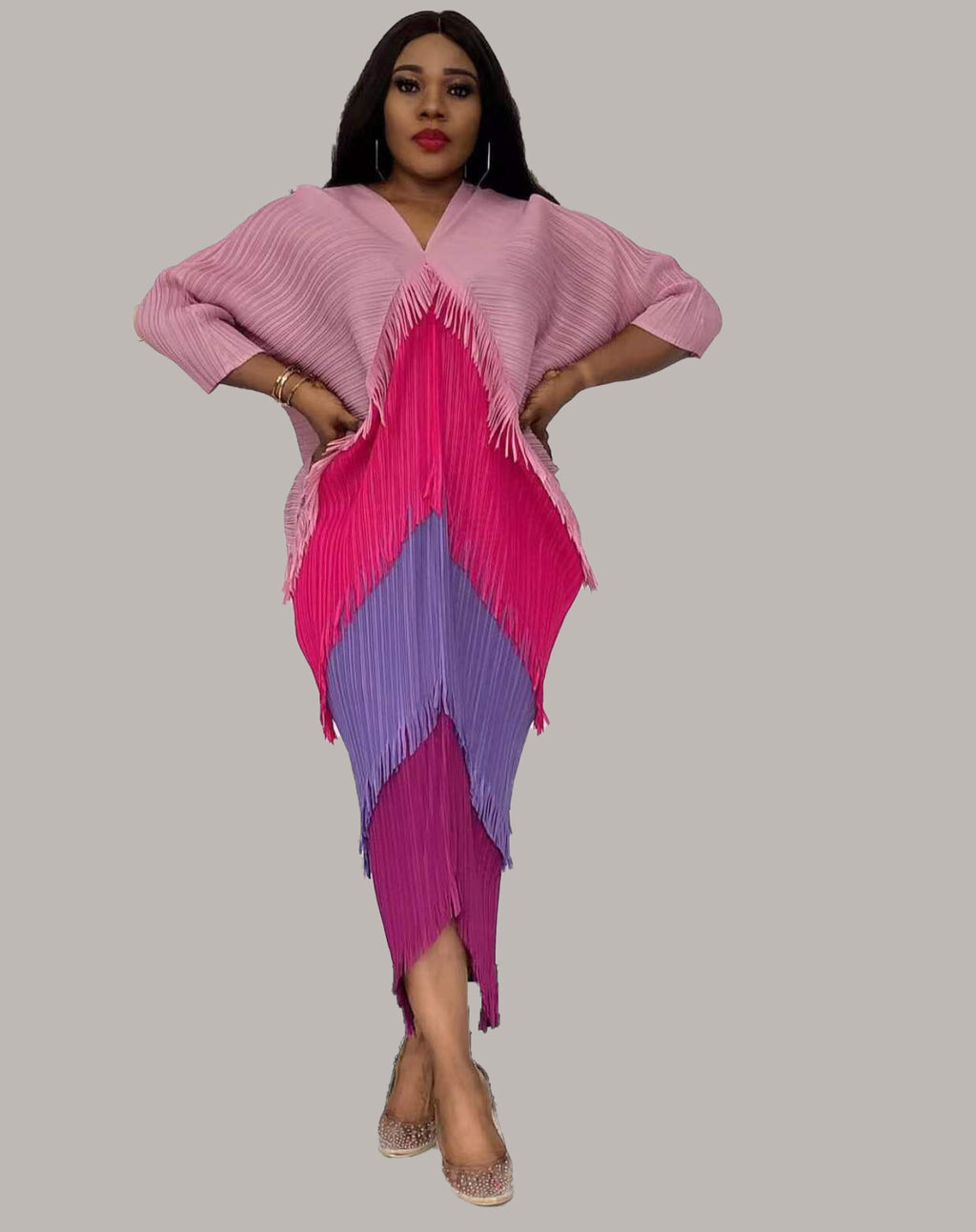 Unique Pleated Color Matching Tassel Bottoming Dress