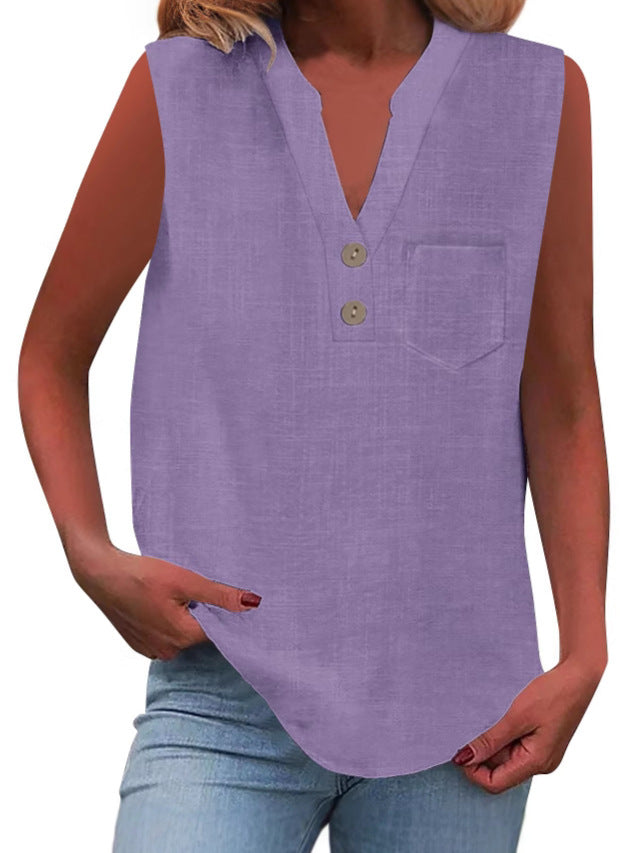 Women's Large Loose Slub Cotton Pocket Idle Tops