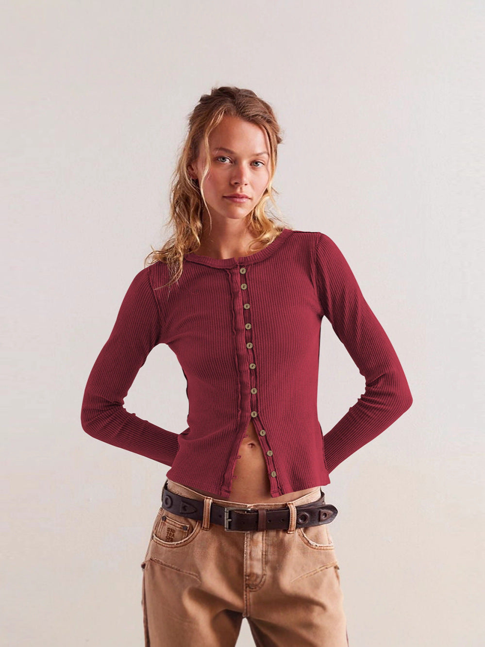 Women's Fashion Wear Long Sleeve Round Neck Button Rib Pure Color Women's Sweater