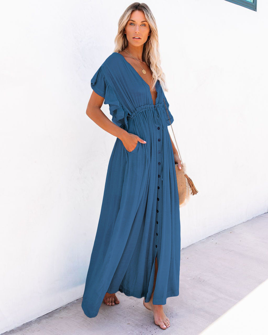 Cover-up Slubbed Fabric Waist Strap Long Sun Protection Dress