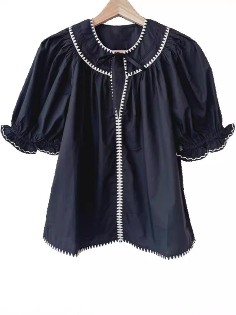 Water Soluble Shell Contrast Color Embroidered Shirt Puff Sleeve Tops