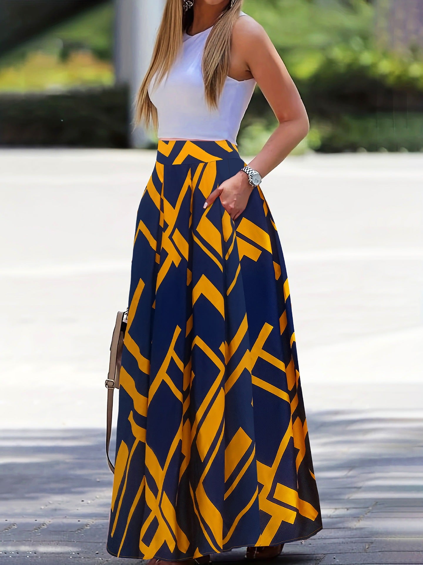 Women's Solid Fashion High Waist Pleated Maxi Skirt