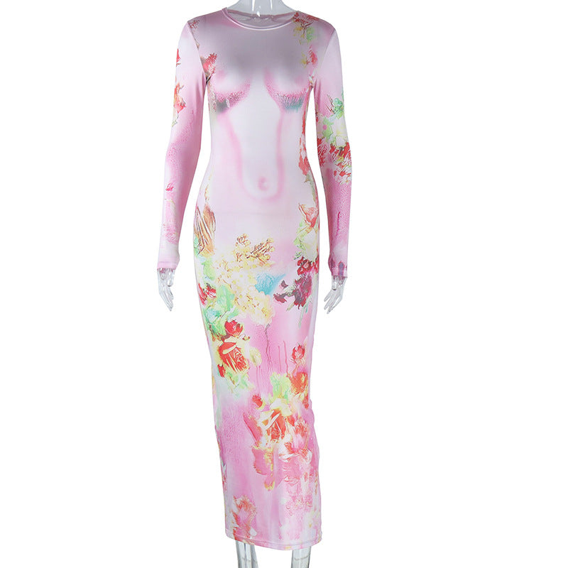 Women's Print Round Neck Pullover Long Sleeve Narrow Street Temperament Leisure Skirts