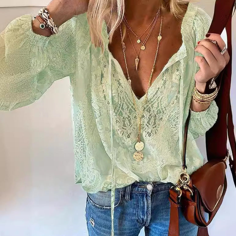 Temperament Commute Loose Printed Lace Solid Color Blouse