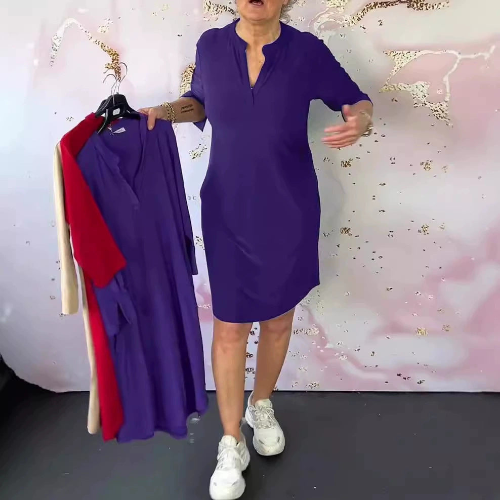 Women's Summer Fashion Solid Color Three-quarter Sleeve Dress