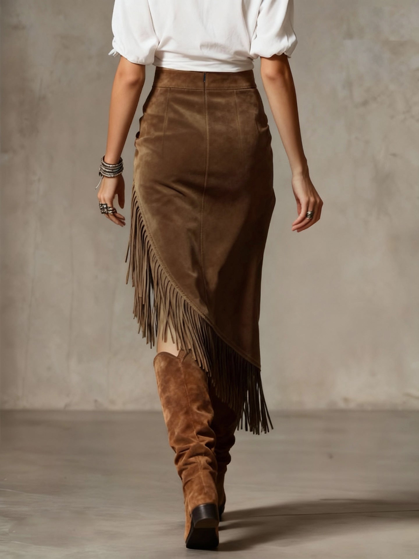 Women's Retro Western Tassel Hem Irregular Suede Skirts