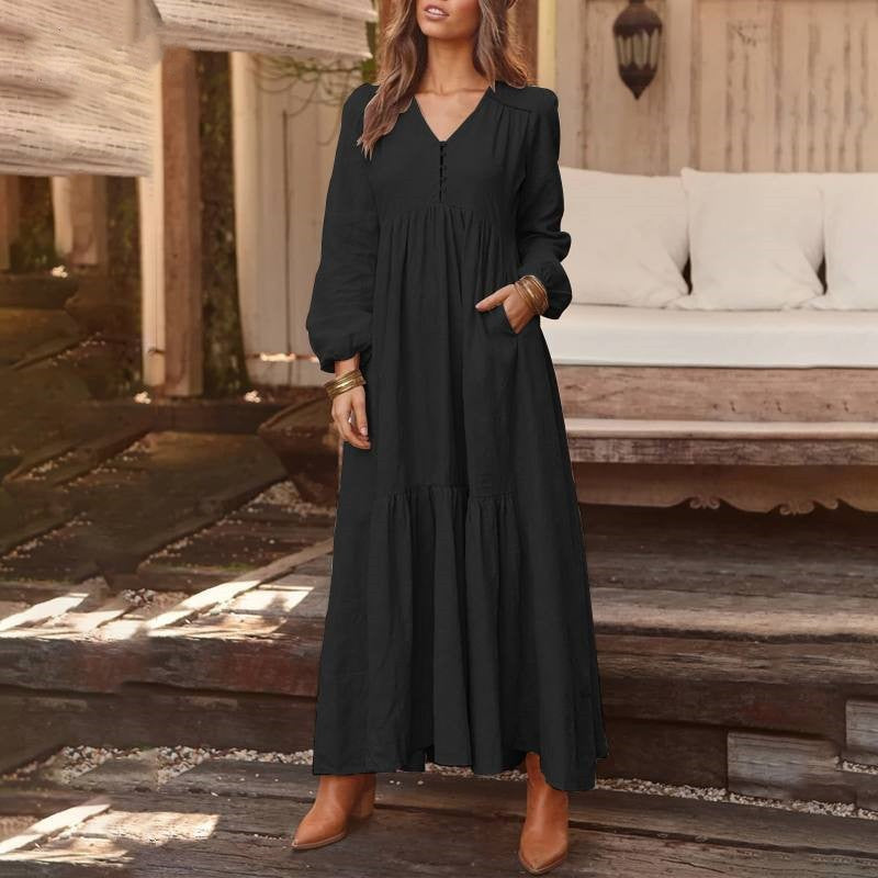 Women's Button Cotton Linen Retro Casual Long-sleeved Large Dress