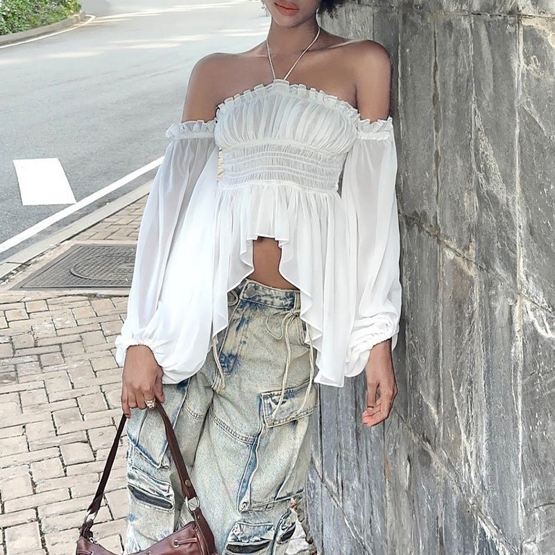Women's Spring Sexy Pleated Ruffled Slim Fit Lantern Long Sleeve Women's T-shirt