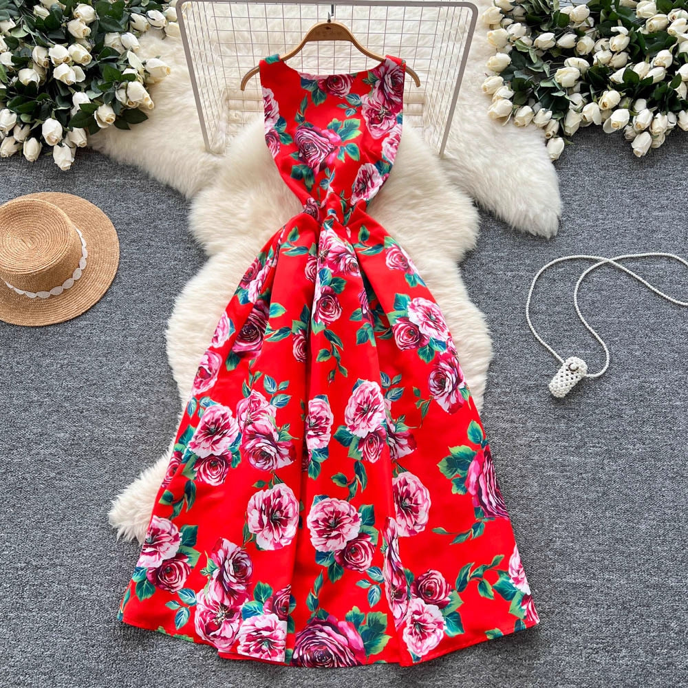 Women's Small Fashionable Retro Waist Slimming Sleeveless Fashion Printed Dress