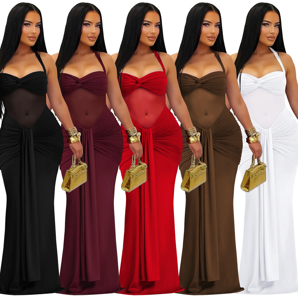 Women's Fashion Wear Sexy Mesh Halter Tied Dress