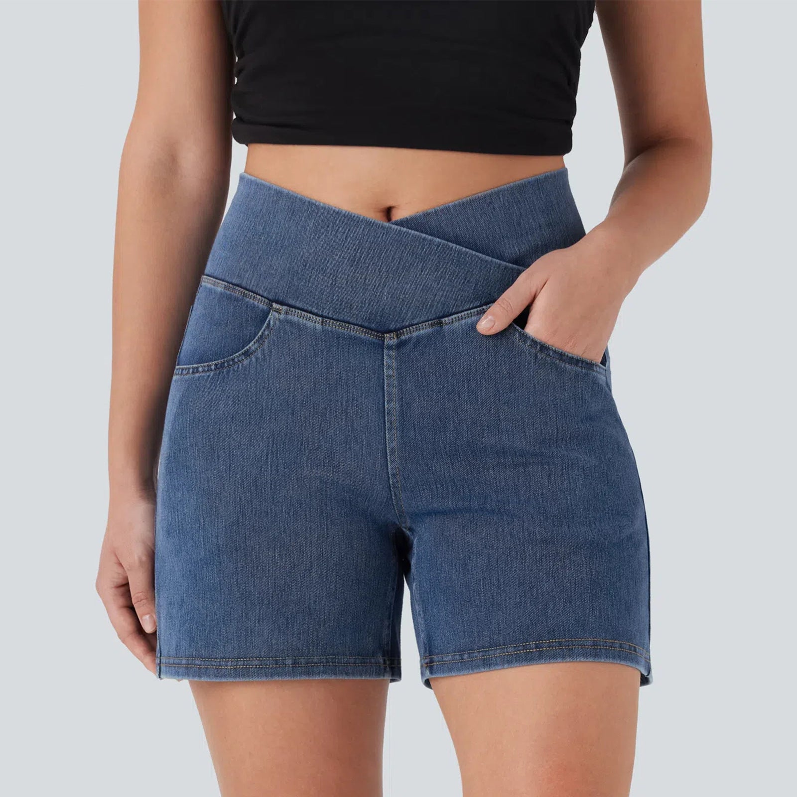 Women's Washed Cross High Waist White Denim Stretch Casual Riding Shorts