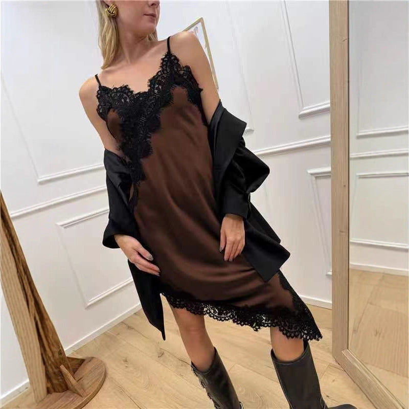 Women's Autumn Sexy Mid-length Forged Surface Irregular Slit Dress