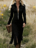 Retro Western Cowboy Slim Fringed Hem Dress
