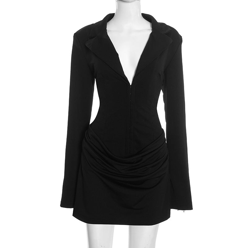 Women's Temperament Pure Color Deep Lapel Pleated Mini Dress