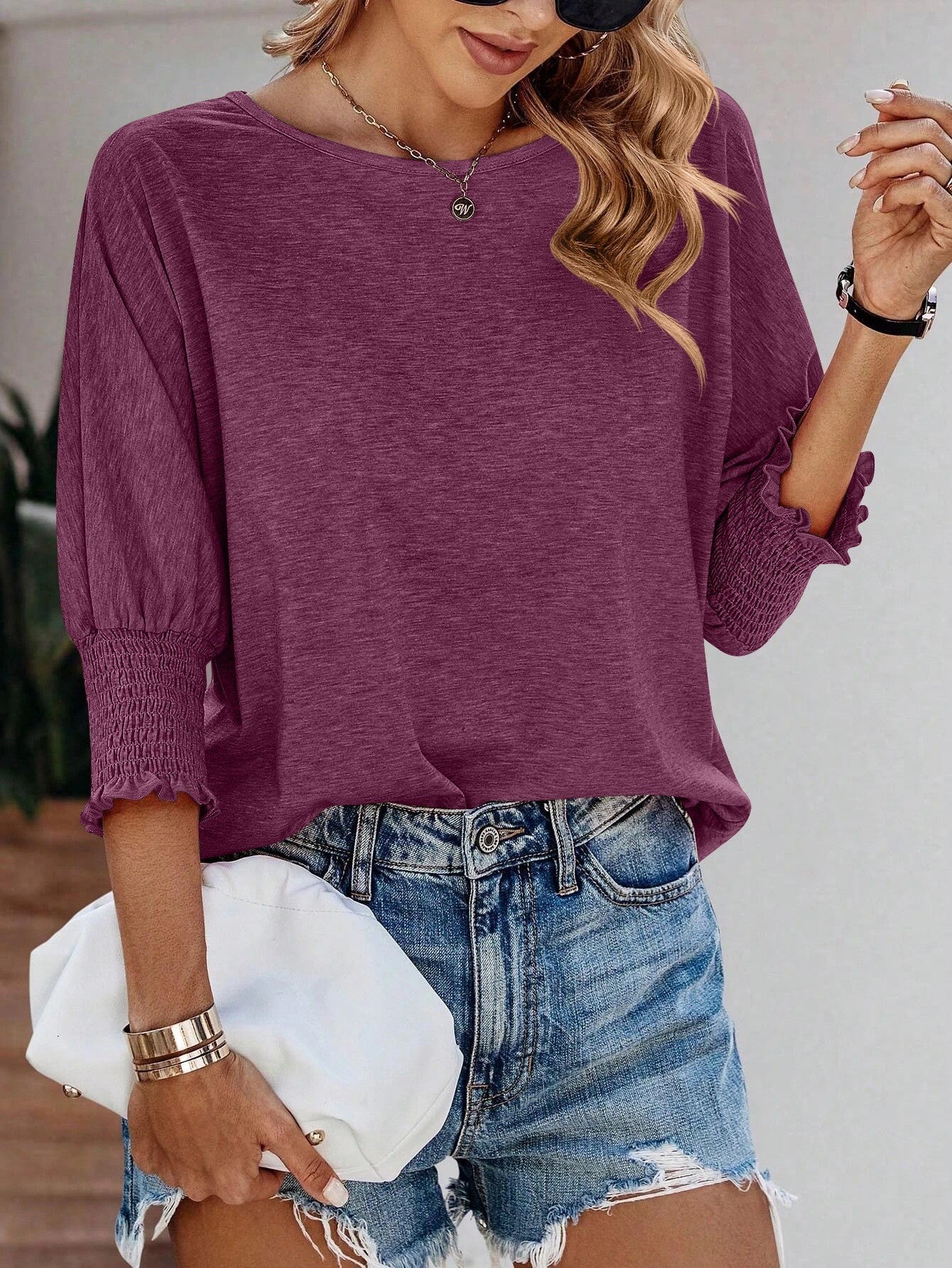 Women's Summer Stylish Loose Round Neck Cuff Smocking Long Women's T-shirt