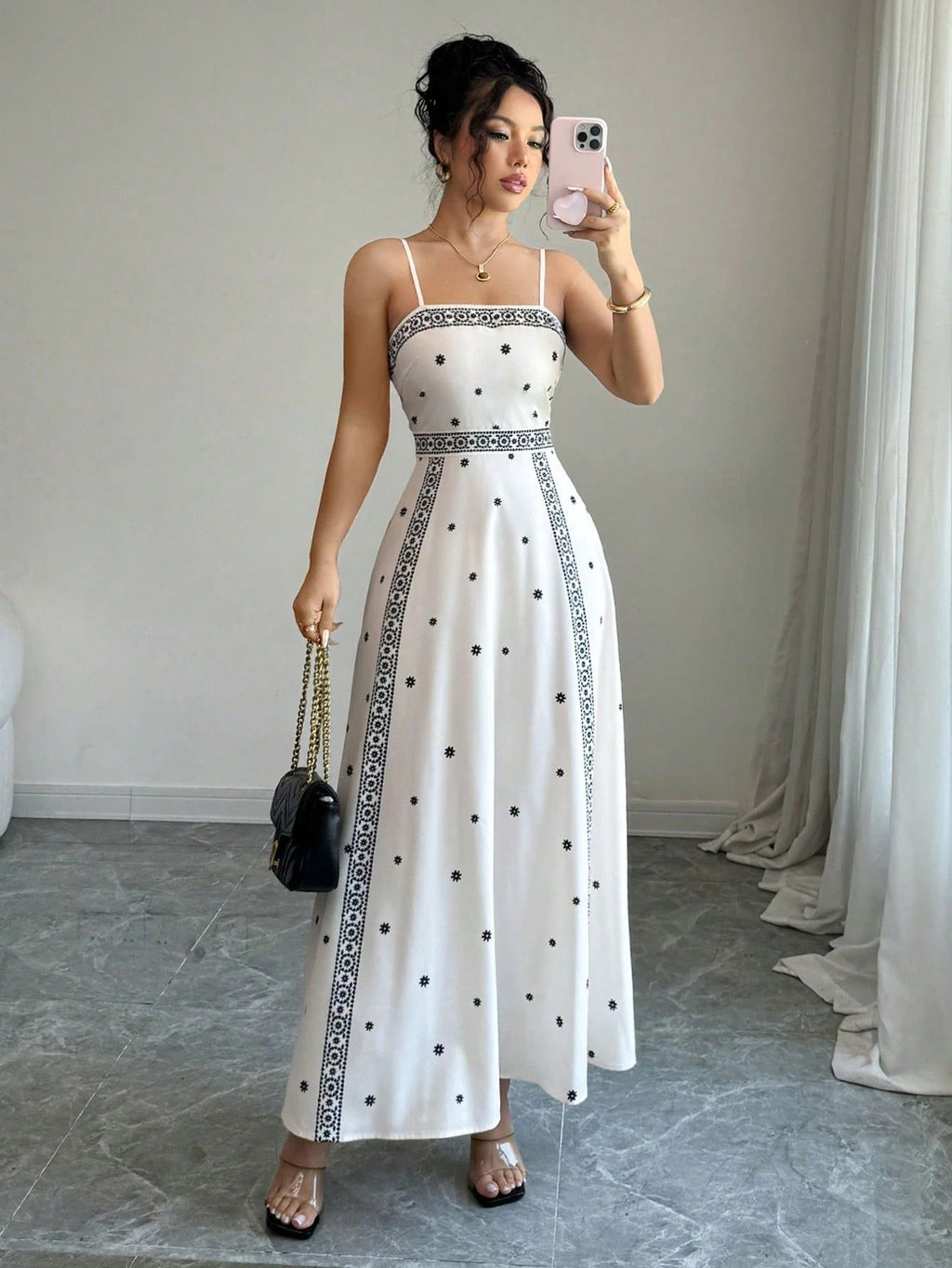 Women's Elegant Sling White Printing Long Dress