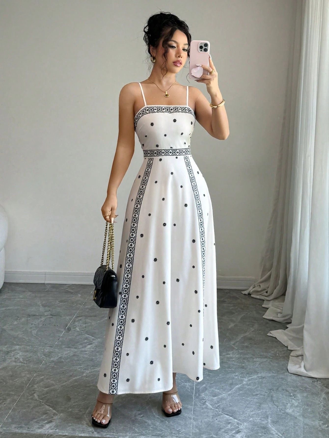 Women's Elegant Sling White Printing Long Dress