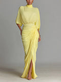 Women's Yellow Pleated Elegant Turtleneck Long Dress