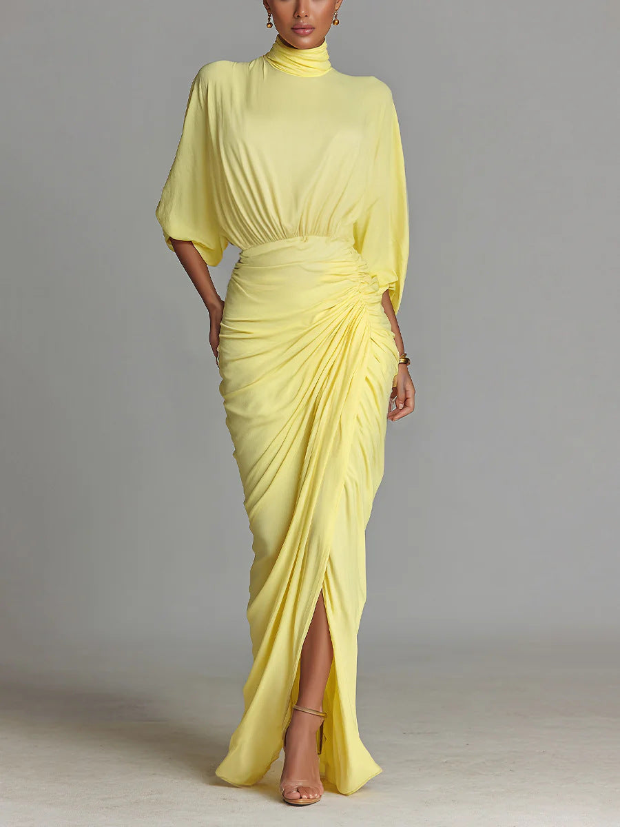 Women's Yellow Pleated Elegant Turtleneck Long Dress