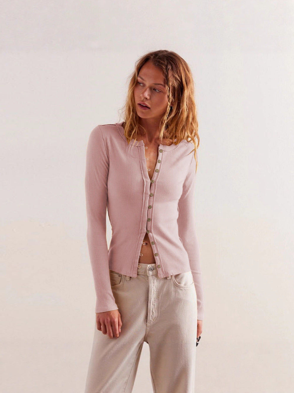 Women's Fashion Wear Long Sleeve Round Neck Button Rib Pure Color Women's Sweater