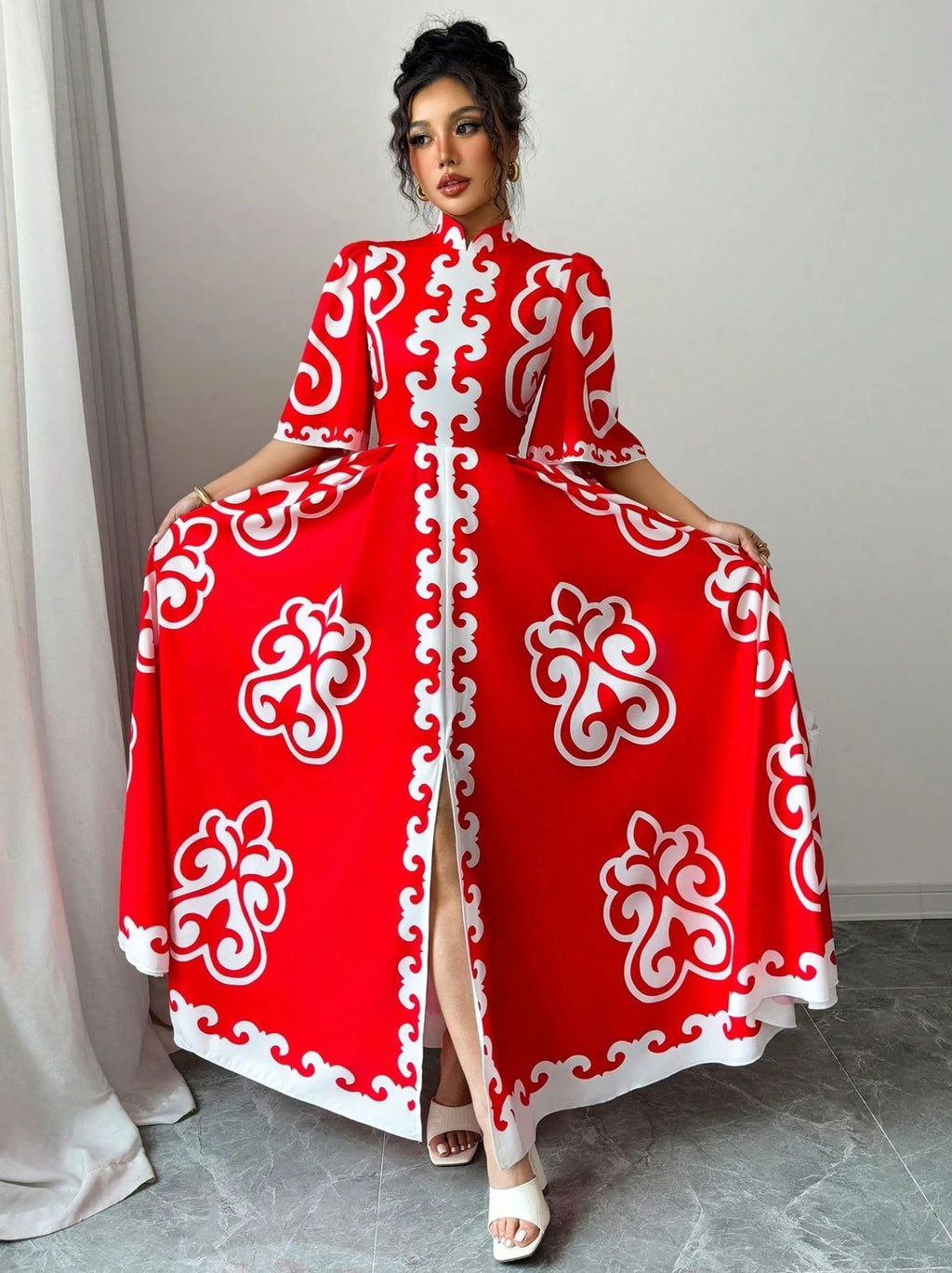 Red Mandarin Collar Loose Big Hem Dress