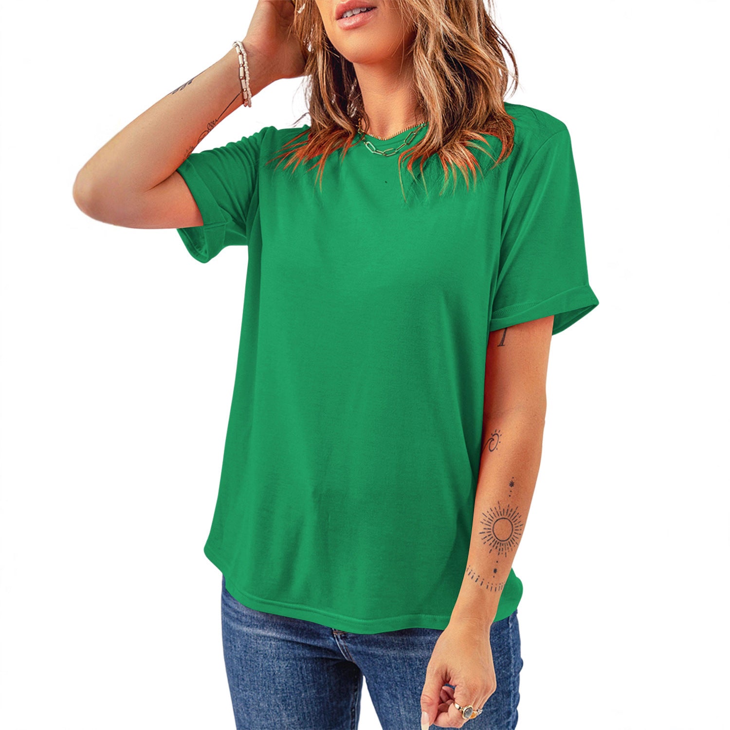 Women's Solid Color Casual Woman's Sleeve Pullover Round Tops