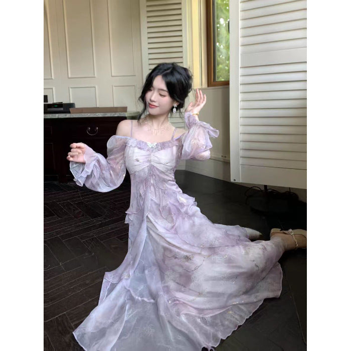 Fairy Purple Blooming Butterfly Bronzing Ruffled Dress