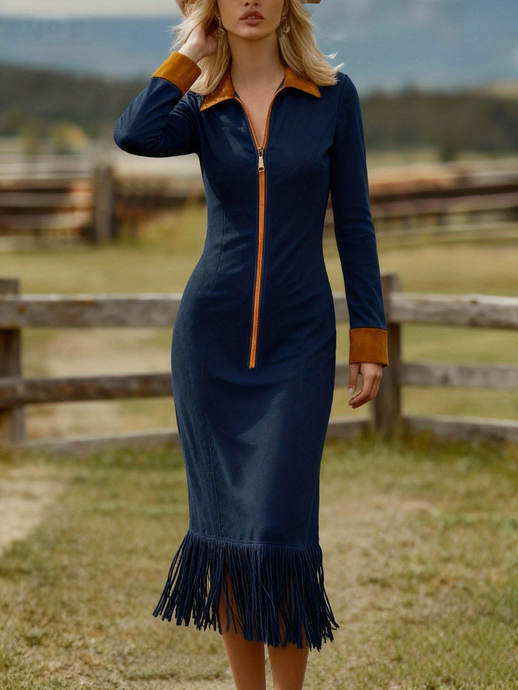 Women's Tassel Suede Contrast Color Long Sleeves Dress