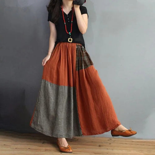 Elastic Waist Color Matching Cotton Linen Skirt