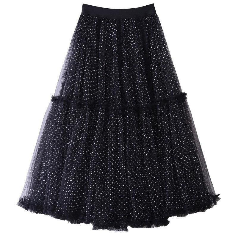 French Style Mesh Pink Polka Dot A- Line Dress Skirts